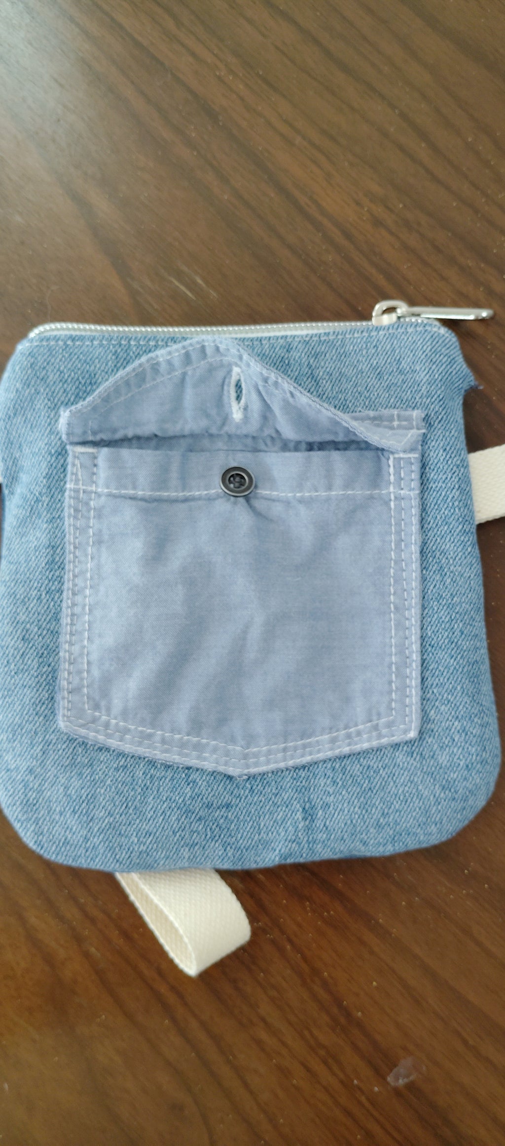 Cat embroidered wristlet zip pouch Recycled denim