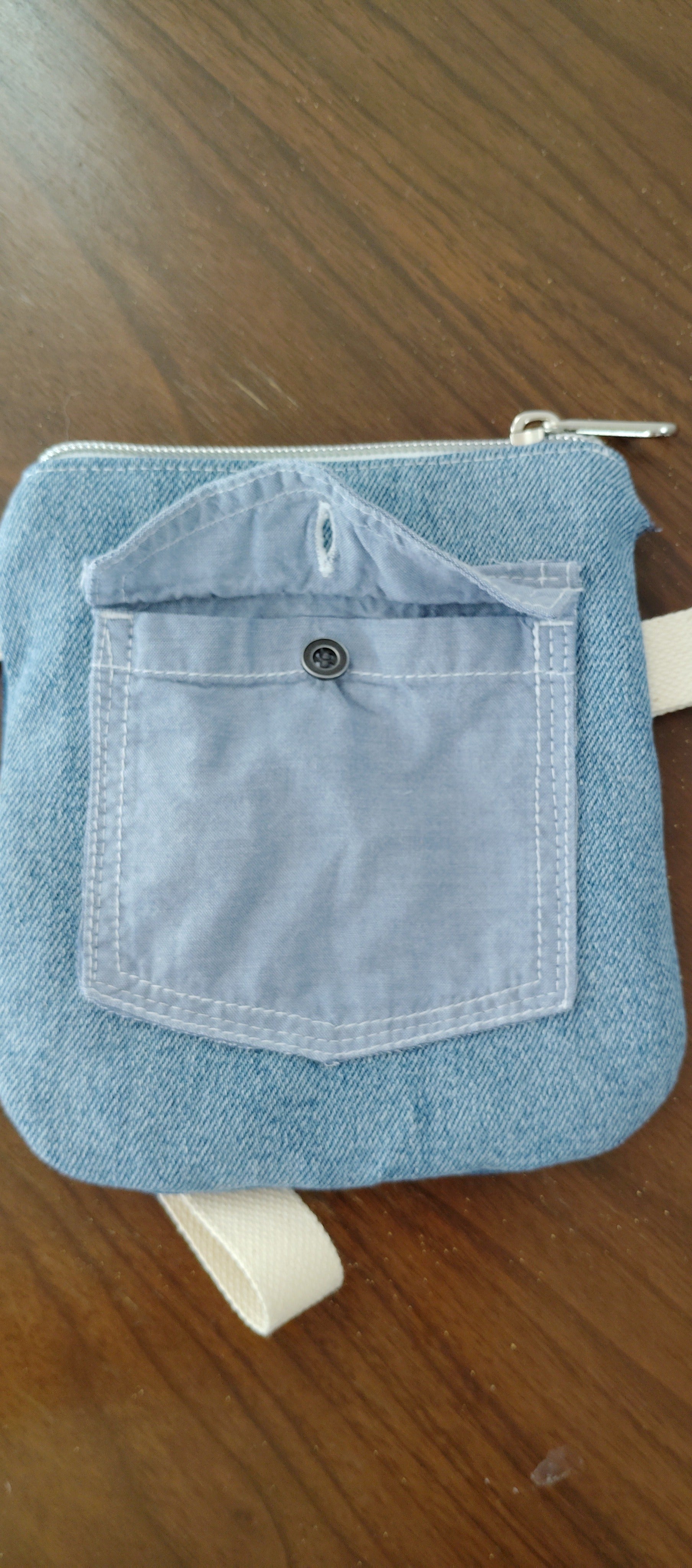 Cat embroidered wristlet zip pouch Recycled denim