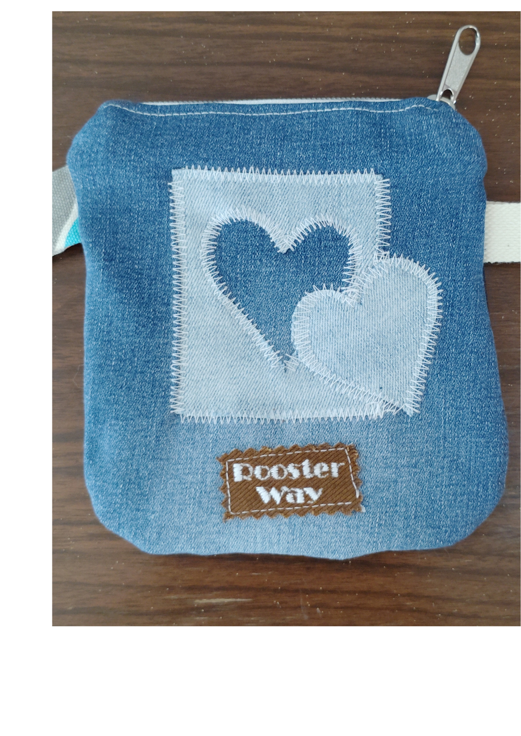 Cat and Dog embroidered wristlet zip pouch Recycled denim