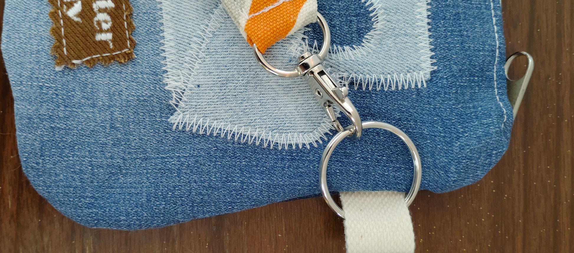 Cat and Dog embroidered wristlet zip pouch Recycled denim