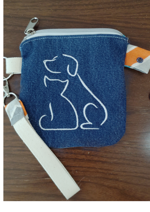Cat and Dog embroidered wristlet zip pouch Recycled denim