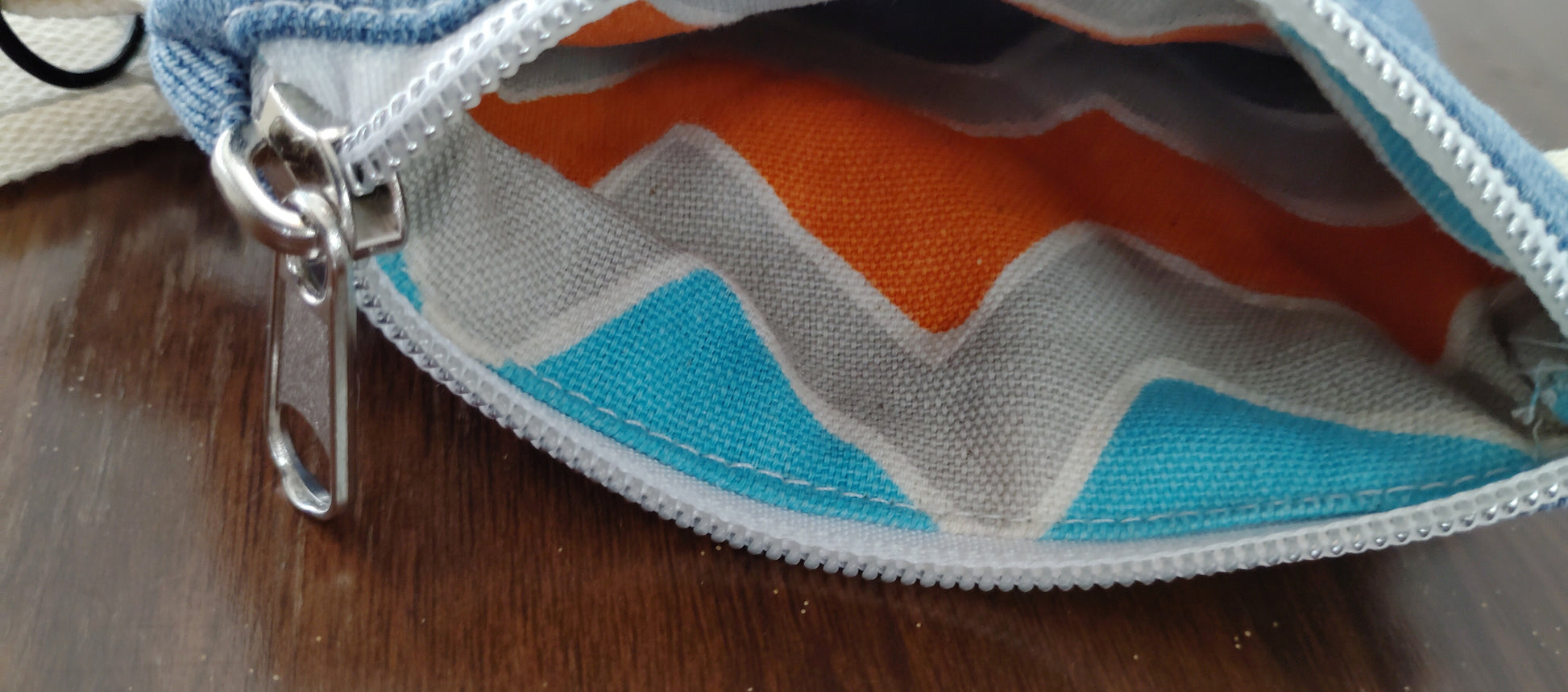 Cat embroidered wristlet zip pouch Recycled denim