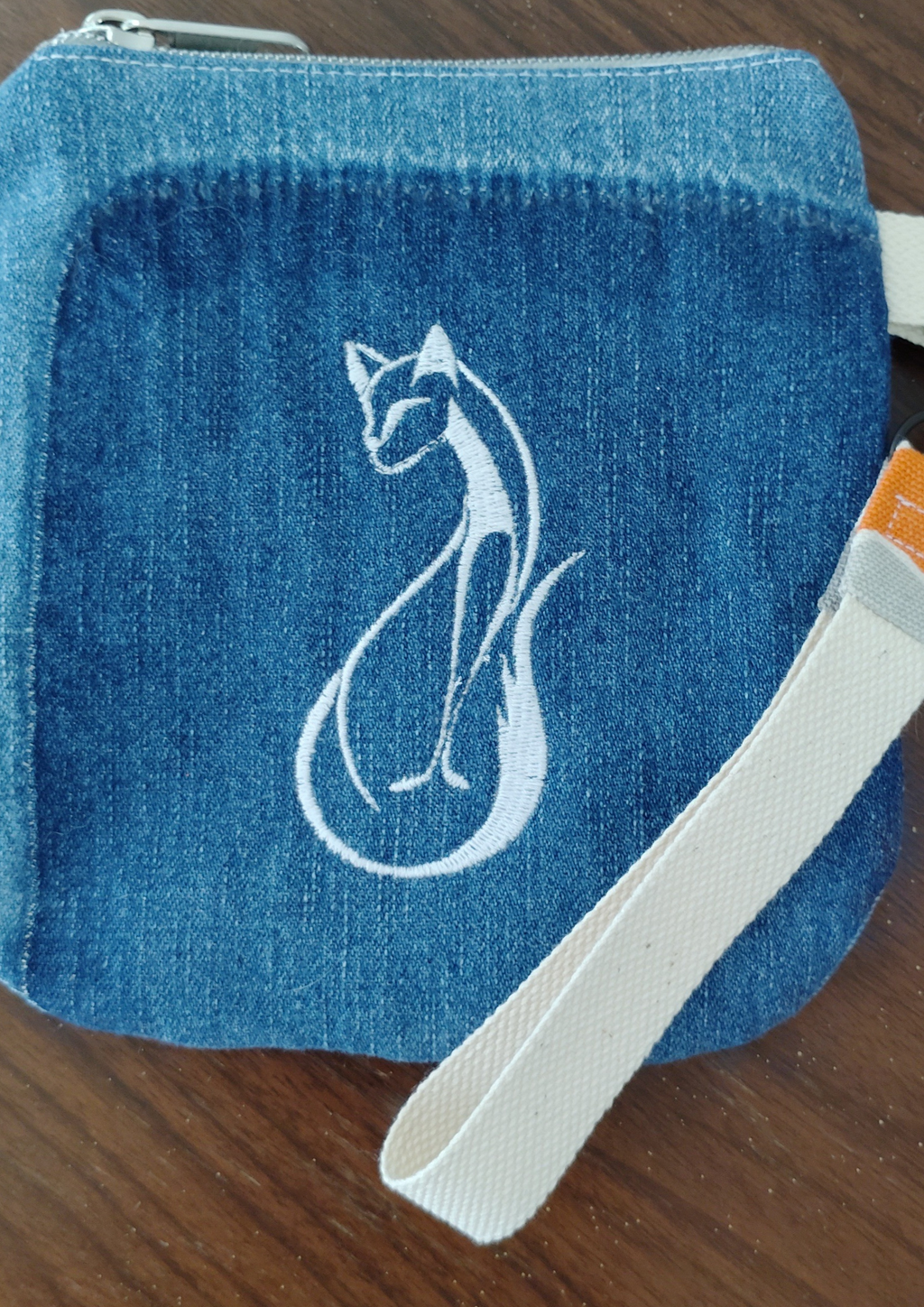 Cat embroidered wristlet zip pouch Recycled denim