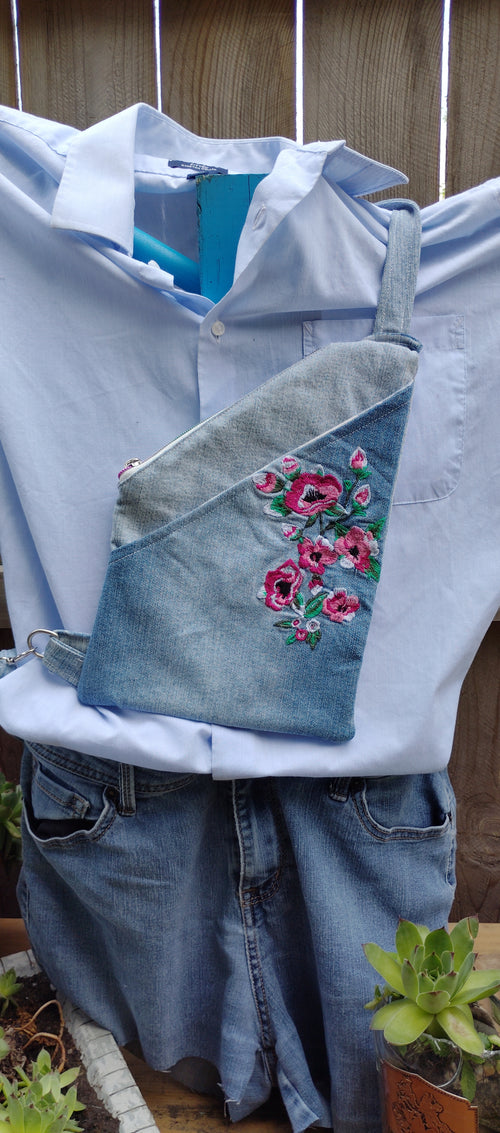 Crossbody backpack repurposed jeans bag